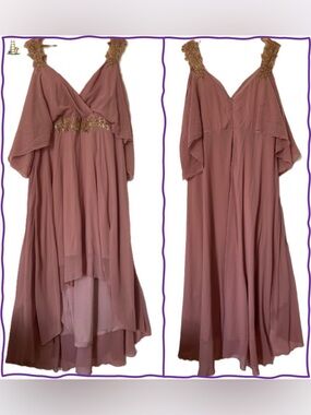 SHEIN Dusty Rose High-Low V-Neck Gown with Gold Appliqué